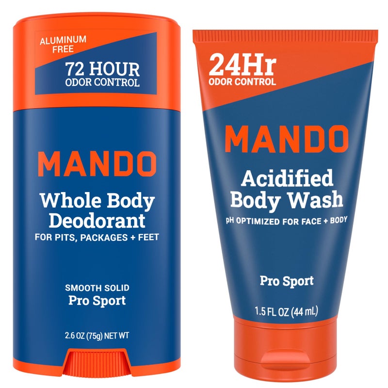 Mando Smooth Solid Stick 26 Ounce  Acidified Body Wash 15 Ounce  Clinically Proven to Block Odor All Day  Whole Body Safe For Pits Packages  Feet Pro Sport